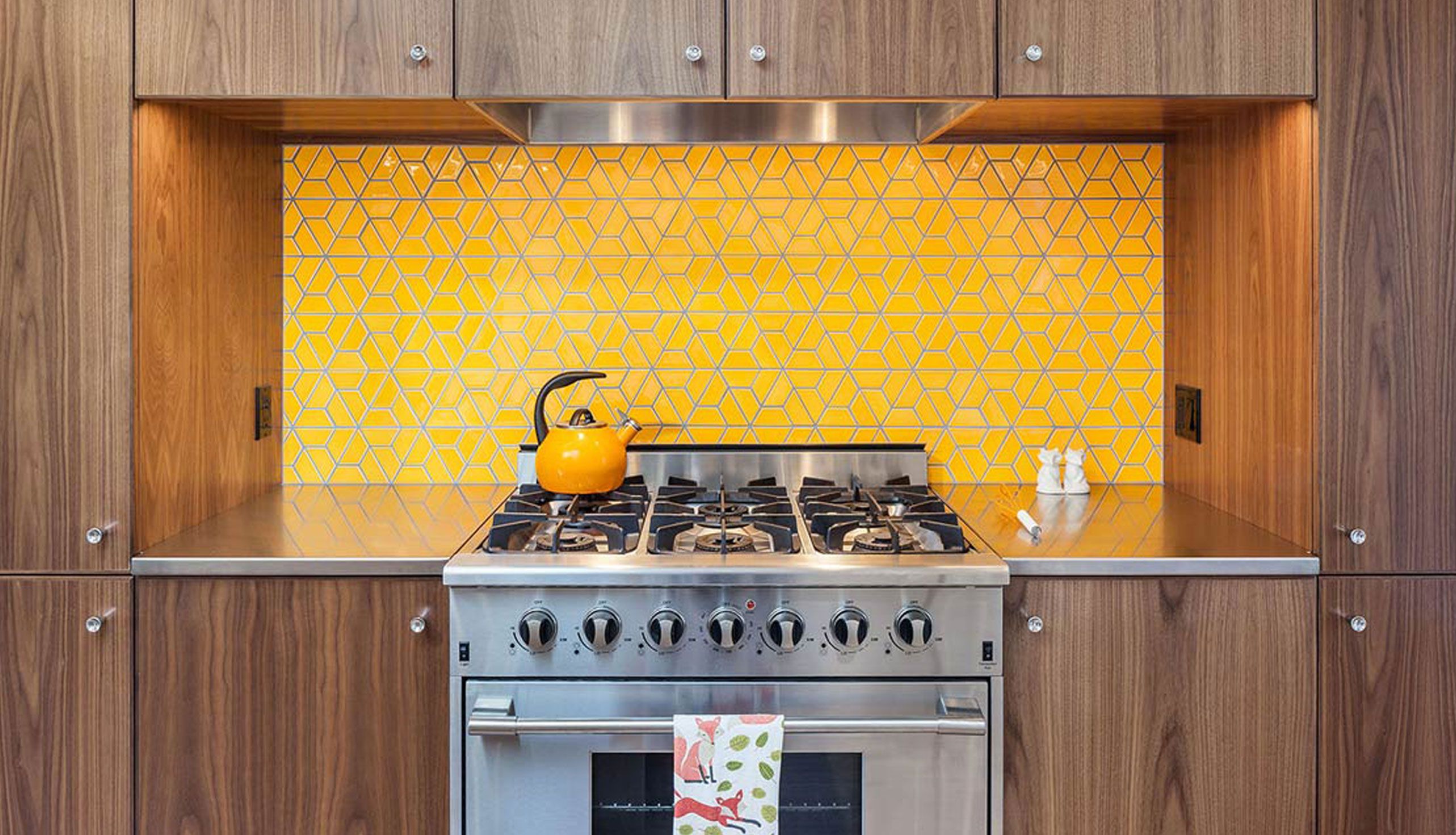 Bright yellow Clayhaus Tile kitchen backsplash